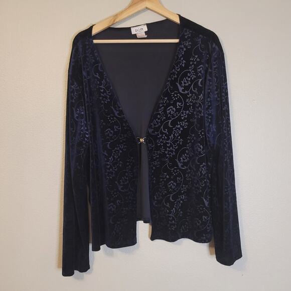 Vintage Pia Open Cardigan Womens‎ 2XL Navy Crushed Velvet Velour Floral - Picture 1 of 6